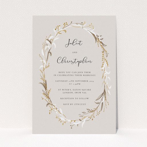 Personalised Wedding Invitation Design - "Metallic Wreath" A personalised wedding invitation design called "Metallic Wreath". It is an A5 invite in a portrait orientation. "Metallic Wreath" is available as a flat invite, with tones of dark cream and gold.