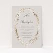 A personalised wedding invitation design called "Metallic Wreath". It is an A5 invite in a portrait orientation. "Metallic Wreath" is available as a flat invite, with tones of dark cream and gold.
