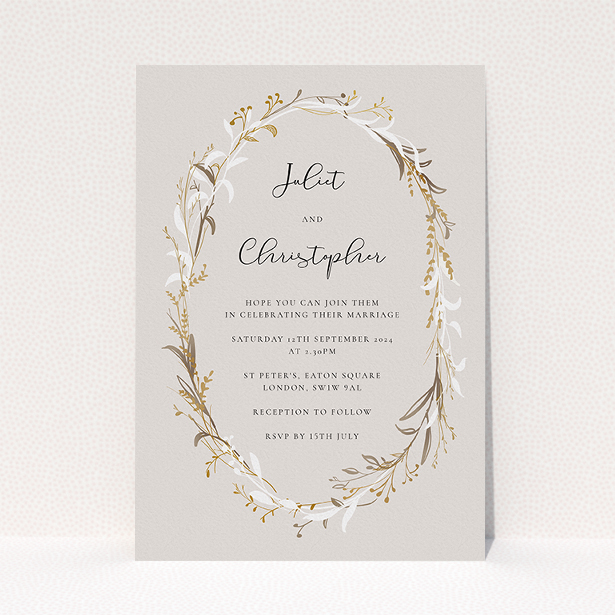 A personalised wedding invitation design called "Metallic Wreath". It is an A5 invite in a portrait orientation. "Metallic Wreath" is available as a flat invite, with tones of dark cream and gold.