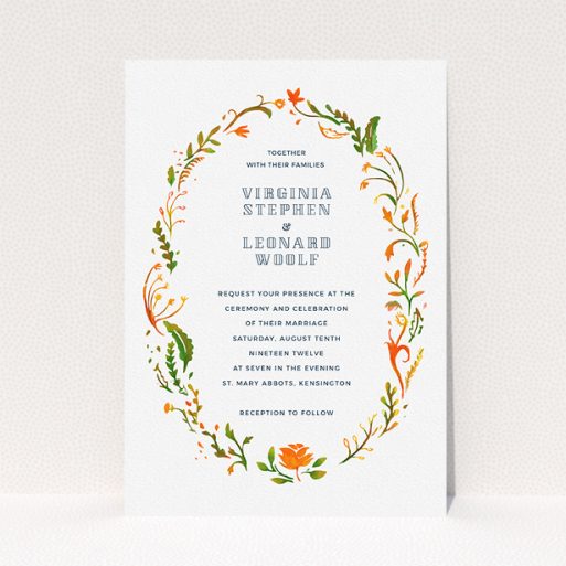 Personalised Wedding Invitation Design - "Midsummer Wreath" A personalised wedding invitation template titled "Midsummer Wreath". It is an A5 invite in a portrait orientation. "Midsummer Wreath" is available as a flat invite, with tones of orange, green and yellow.