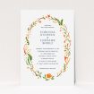 A personalised wedding invitation template titled "Midsummer Wreath". It is an A5 invite in a portrait orientation. "Midsummer Wreath" is available as a flat invite, with tones of orange, green and yellow.