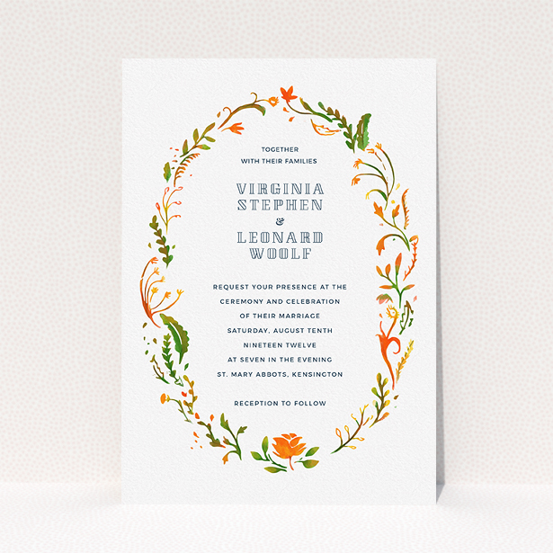 A personalised wedding invitation template titled "Midsummer Wreath". It is an A5 invite in a portrait orientation. "Midsummer Wreath" is available as a flat invite, with tones of orange, green and yellow.