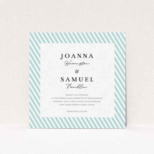 Personalised Wedding Invitation Design - "Mint Diagonals" A personalised wedding invitation design named "Mint Diagonals". It is a square (148mm x 148mm) invite in a square orientation. "Mint Diagonals" is available as a flat invite, with tones of green and white.