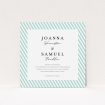 A personalised wedding invitation design named "Mint Diagonals". It is a square (148mm x 148mm) invite in a square orientation. "Mint Diagonals" is available as a flat invite, with tones of green and white.