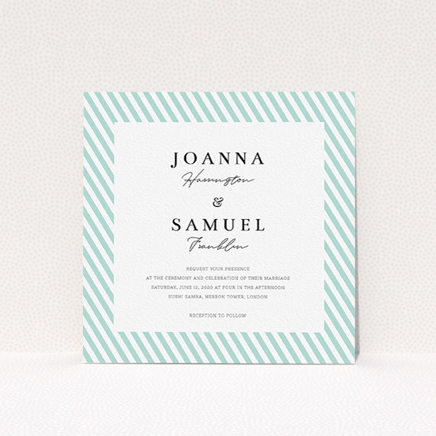 A personalised wedding invitation design named "Mint Diagonals". It is a square (148mm x 148mm) invite in a square orientation. "Mint Diagonals" is available as a flat invite, with tones of green and white.