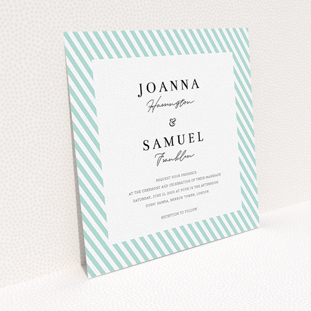 A personalised wedding invitation design named "Mint Diagonals". It is a square (148mm x 148mm) invite in a square orientation. "Mint Diagonals" is available as a flat invite, with tones of green and white.