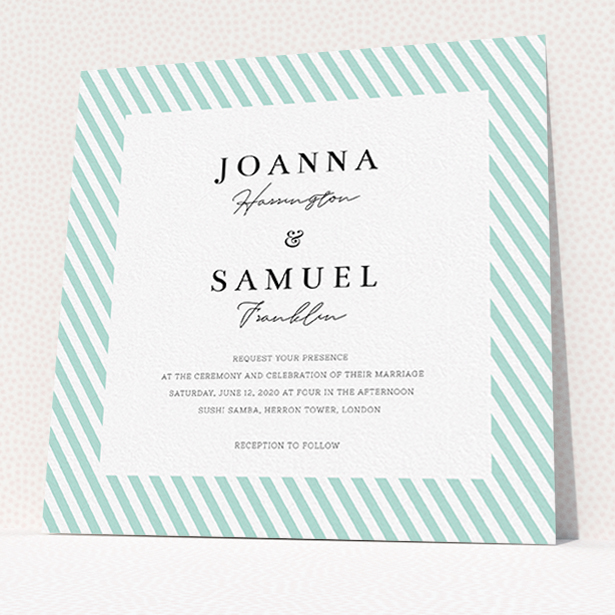 A personalised wedding invitation design named "Mint Diagonals". It is a square (148mm x 148mm) invite in a square orientation. "Mint Diagonals" is available as a flat invite, with tones of green and white.