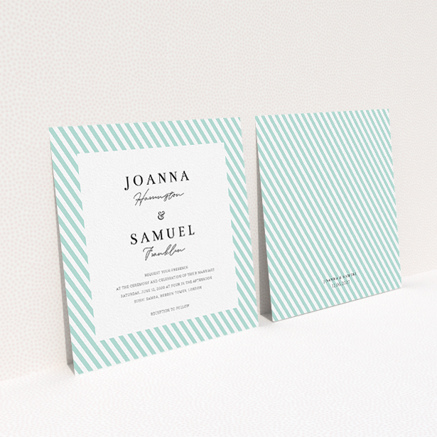 A personalised wedding invitation design named "Mint Diagonals". It is a square (148mm x 148mm) invite in a square orientation. "Mint Diagonals" is available as a flat invite, with tones of green and white.