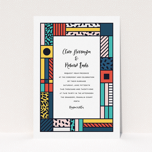 A personalised wedding invitation design titled "Mondrian-esque". It is an A5 invite in a portrait orientation. "Mondrian-esque" is available as a flat invite, with tones of white and pink.