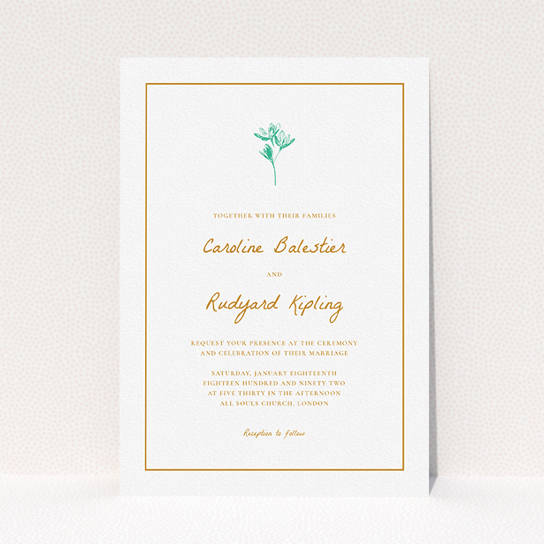 A personalised wedding invitation called "My little daisy". It is an A5 invite in a portrait orientation. "My little daisy" is available as a flat invite, with tones of white and green.