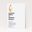 A personalised wedding invitation template titled "My little penguin". It is an A5 invite in a portrait orientation. "My little penguin" is available as a flat invite, with tones of white and orange.