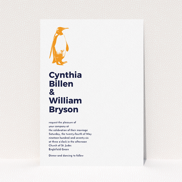 A personalised wedding invitation template titled "My little penguin". It is an A5 invite in a portrait orientation. "My little penguin" is available as a flat invite, with tones of white and orange.