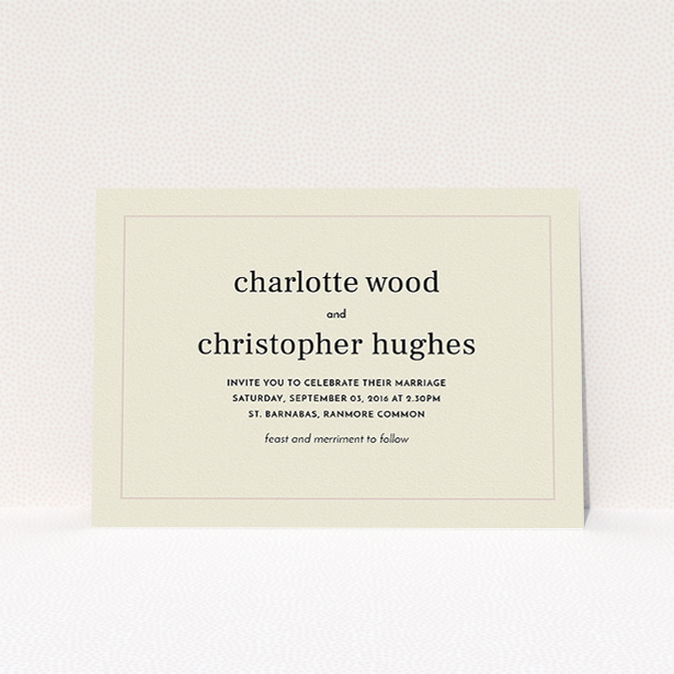 A personalised wedding invitation template titled "Nice and square". It is an A5 invite in a landscape orientation. "Nice and square" is available as a flat invite, with mainly dark cream colouring.