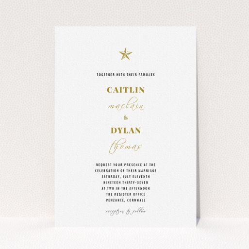 Personalised Wedding Invitation - North Star (Gold) A personalised wedding invitation called "North Star". It is an A5 invite in a portrait orientation. "North Star" is available as a flat invite, with tones of white and gold.