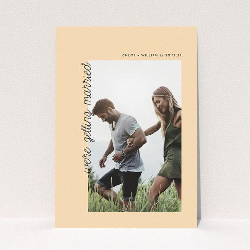 Personalised Wedding Invitation Design - "Old Orange" A personalised wedding invitation design called "Old Orange". It is an A5 invite in a portrait orientation. It is a photographic personalised wedding invitation with room for 1 photo. "Old Orange" is available as a flat invite, with mainly faded orange colouring.