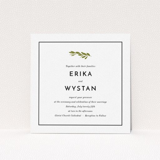 Personalised Wedding Invitation - Olive Branch Stamp (Black) A personalised wedding invitation called "Olive branch stamp". It is a square (148mm x 148mm) invite in a square orientation. "Olive branch stamp" is available as a flat invite, with tones of white and green.