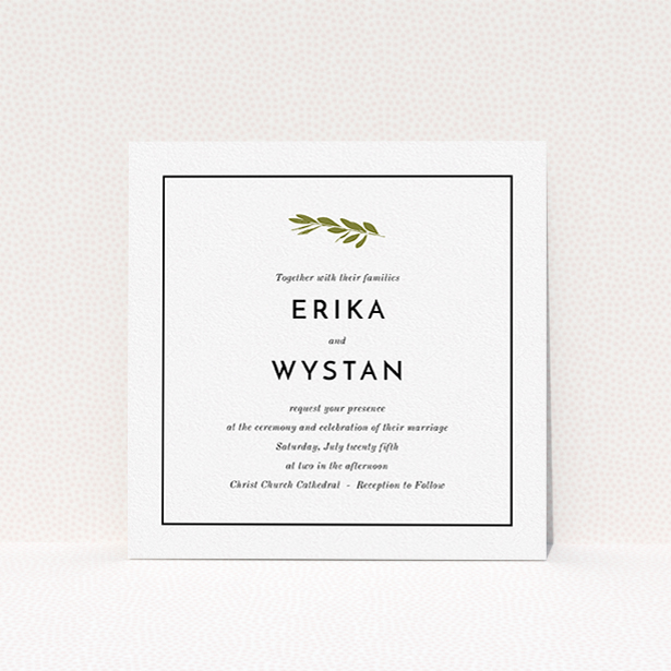 A personalised wedding invitation called "Olive branch stamp". It is a square (148mm x 148mm) invite in a square orientation. "Olive branch stamp" is available as a flat invite, with tones of white and green.
