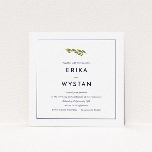 Personalised Wedding Invitation - Olive Branch Stamp (Navy Blue) A personalised wedding invitation design named "Olive branch stamp". It is a square (148mm x 148mm) invite in a square orientation. "Olive branch stamp" is available as a flat invite, with tones of white and green.