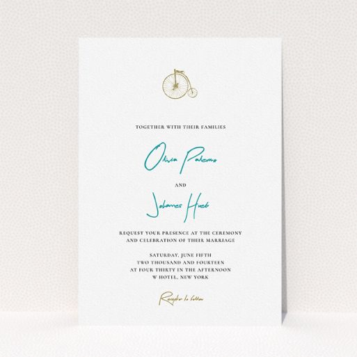Personalised Wedding Invitation Design - "On your bike new" A personalised wedding invitation template titled "On your bike new". It is an A5 invite in a portrait orientation. "On your bike new" is available as a flat invite, with tones of white and green.