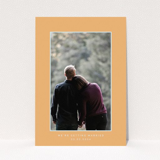 Personalised Wedding Invitation Design - "Orange Mint Photo Frame" A personalised wedding invitation design titled "Orange Mint Photo Frame". It is an A5 invite in a portrait orientation. It is a photographic personalised wedding invitation with room for 1 photo. "Orange Mint Photo Frame" is available as a flat invite, with tones of orange and blue.