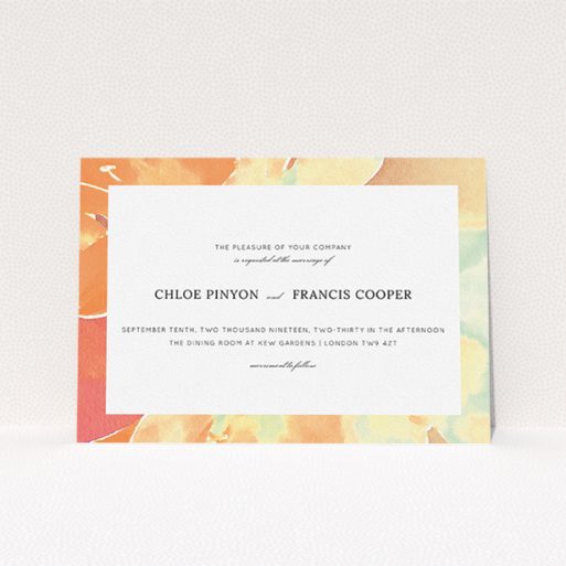 Personalised Wedding Invitation Design - "Orange Watercolours" A personalised wedding invitation design titled "Orange Watercolours". It is an A5 invite in a landscape orientation. "Orange Watercolours" is available as a flat invite, with tones of orange and mint green.