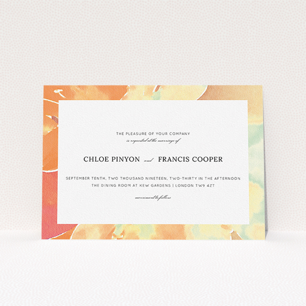 A personalised wedding invitation design titled "Orange Watercolours". It is an A5 invite in a landscape orientation. "Orange Watercolours" is available as a flat invite, with tones of orange and mint green.