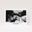 A personalised wedding invitation named "Ornate Date". It is an A5 invite in a landscape orientation. It is a photographic personalised wedding invitation with room for 1 photo. "Ornate Date" is available as a flat invite, with mainly white colouring.