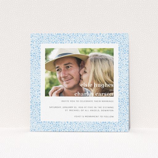 Wedding Invitation Card - Pastel Flower Border (Light Blue) A personalised wedding invitation design called "Pastel flower border". It is a square (148mm x 148mm) invite in a square orientation. It is a photographic personalised wedding invitation with room for 1 photo. "Pastel flower border" is available as a flat invite, with tones of blue and white.