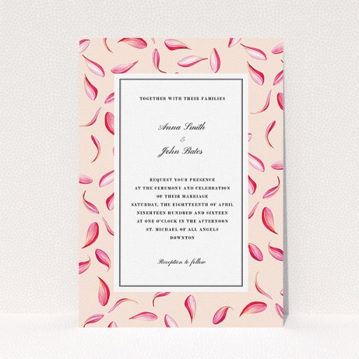 Personalised Wedding Invitation Design - "Petal avalanche" A personalised wedding invitation design called "Petal avalanche". It is an A5 invite in a portrait orientation. "Petal avalanche" is available as a flat invite, with tones of pink, red and white.