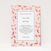 A personalised wedding invitation design called "Petal avalanche". It is an A5 invite in a portrait orientation. "Petal avalanche" is available as a flat invite, with tones of pink, red and white.