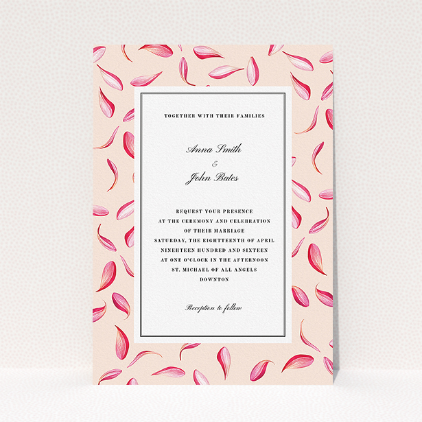 A personalised wedding invitation design called "Petal avalanche". It is an A5 invite in a portrait orientation. "Petal avalanche" is available as a flat invite, with tones of pink, red and white.