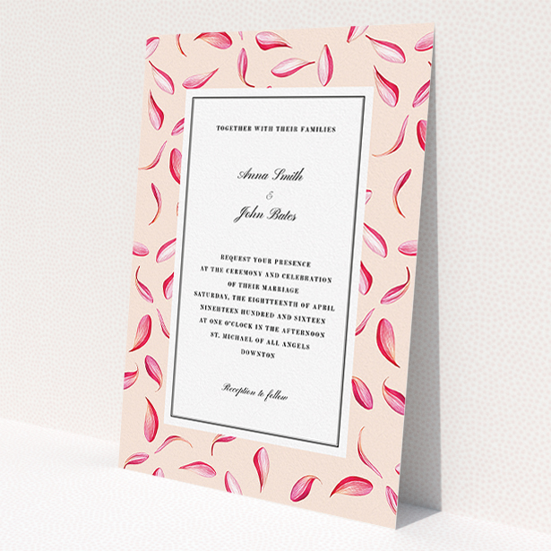 A personalised wedding invitation design called "Petal avalanche". It is an A5 invite in a portrait orientation. "Petal avalanche" is available as a flat invite, with tones of pink, red and white.