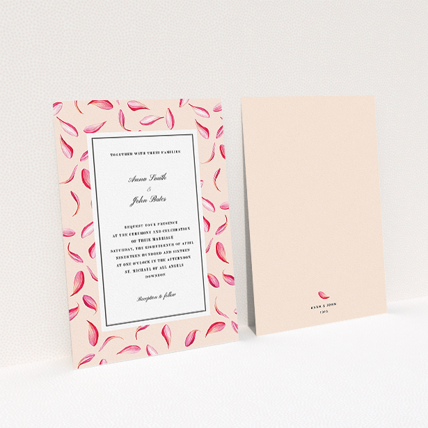 A personalised wedding invitation design called "Petal avalanche". It is an A5 invite in a portrait orientation. "Petal avalanche" is available as a flat invite, with tones of pink, red and white.