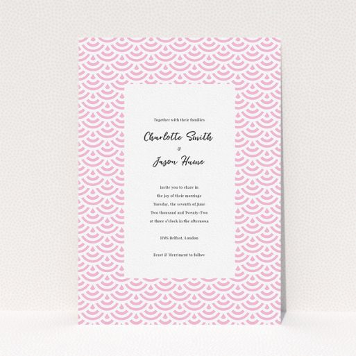 Personalised Wedding Invitation Design - "Pink Fans" A personalised wedding invitation named "Pink Fans". It is an A5 invite in a portrait orientation. "Pink Fans" is available as a flat invite, with tones of pink and white.