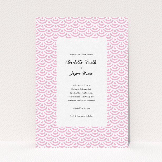 A personalised wedding invitation named "Pink Fans". It is an A5 invite in a portrait orientation. "Pink Fans" is available as a flat invite, with tones of pink and white.