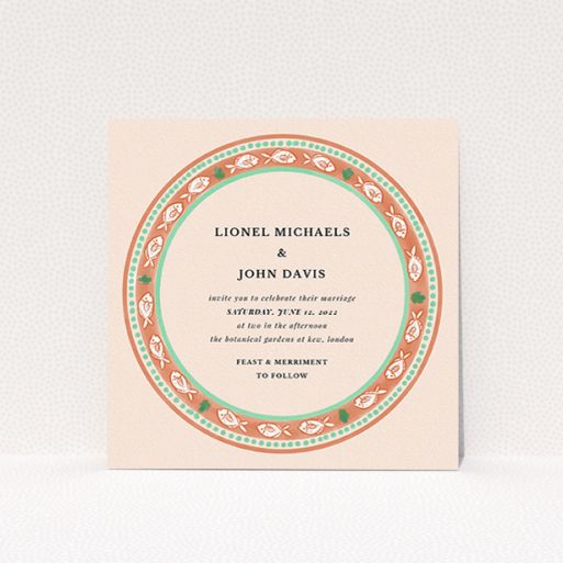 Personalised Wedding Invitation Design - "Positano" A personalised wedding invitation design titled "Positano". It is a square (148mm x 148mm) invite in a square orientation. "Positano" is available as a flat invite, with tones of light pink and terracotta.
