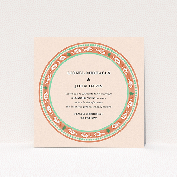 A personalised wedding invitation design titled "Positano". It is a square (148mm x 148mm) invite in a square orientation. "Positano" is available as a flat invite, with tones of light pink and terracotta.
