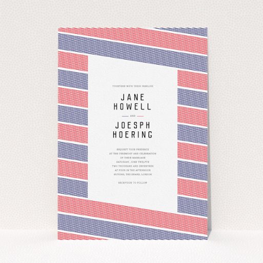 Personalised Wedding Invitation Design - "Preppy Lines" A personalised wedding invitation design titled "Preppy Lines". It is an A5 invite in a portrait orientation. "Preppy Lines" is available as a flat invite, with tones of red and navy blue.