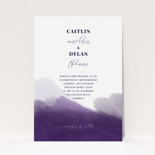 Personalised Wedding Invitation Design - "Purple halftone" A personalised wedding invitation named "Purple halftone". It is an A5 invite in a portrait orientation. "Purple halftone" is available as a flat invite, with tones of dark purple and white.