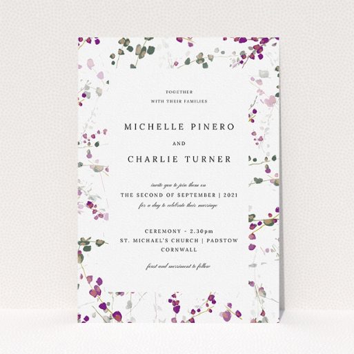 Personalised Wedding Invitation Design - "Purple Lupine" A personalised wedding invitation called "Purple Lupine". It is an A5 invite in a portrait orientation. "Purple Lupine" is available as a flat invite, with tones of purple, pink and dark green.