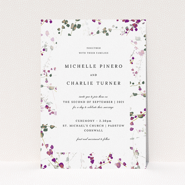 A personalised wedding invitation called "Purple Lupine". It is an A5 invite in a portrait orientation. "Purple Lupine" is available as a flat invite, with tones of purple, pink and dark green.