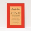 A personalised wedding invitation design named "Red on Orange". It is an A5 invite in a portrait orientation. "Red on Orange" is available as a flat invite, with tones of red and orange.