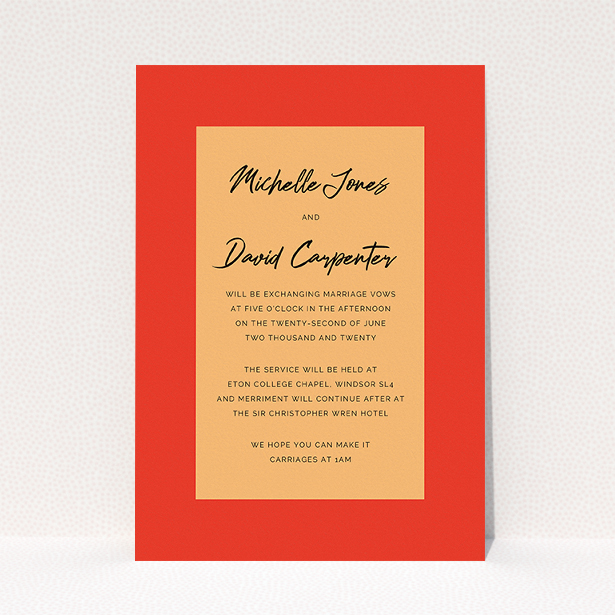 A personalised wedding invitation design named "Red on Orange". It is an A5 invite in a portrait orientation. "Red on Orange" is available as a flat invite, with tones of red and orange.