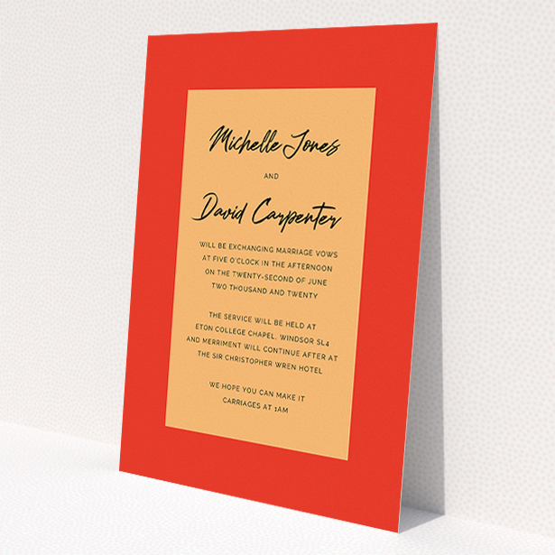 A personalised wedding invitation design named "Red on Orange". It is an A5 invite in a portrait orientation. "Red on Orange" is available as a flat invite, with tones of red and orange.