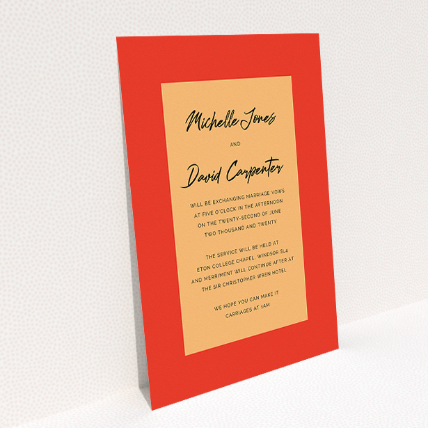A personalised wedding invitation design named "Red on Orange". It is an A5 invite in a portrait orientation. "Red on Orange" is available as a flat invite, with tones of red and orange.