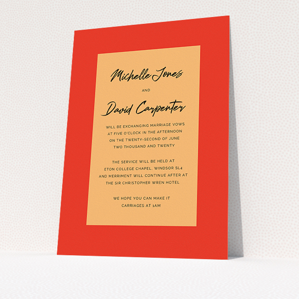 A personalised wedding invitation design named "Red on Orange". It is an A5 invite in a portrait orientation. "Red on Orange" is available as a flat invite, with tones of red and orange.