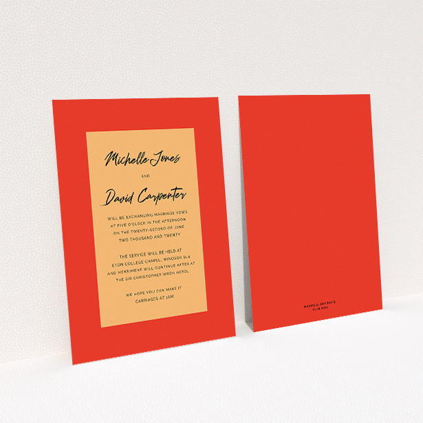 A personalised wedding invitation design named "Red on Orange". It is an A5 invite in a portrait orientation. "Red on Orange" is available as a flat invite, with tones of red and orange.