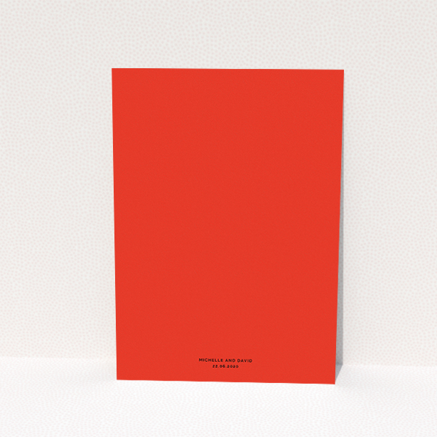 A personalised wedding invitation design named "Red on Orange". It is an A5 invite in a portrait orientation. "Red on Orange" is available as a flat invite, with tones of red and orange.