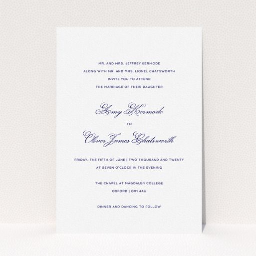 Personalised Wedding Invitation Design - "Right and Proper" A personalised wedding invitation design titled "Right and Proper". It is an A5 invite in a portrait orientation. "Right and Proper" is available as a flat invite, with tones of white and navy blue.
