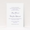A personalised wedding invitation design titled "Right and Proper". It is an A5 invite in a portrait orientation. "Right and Proper" is available as a flat invite, with tones of white and navy blue.